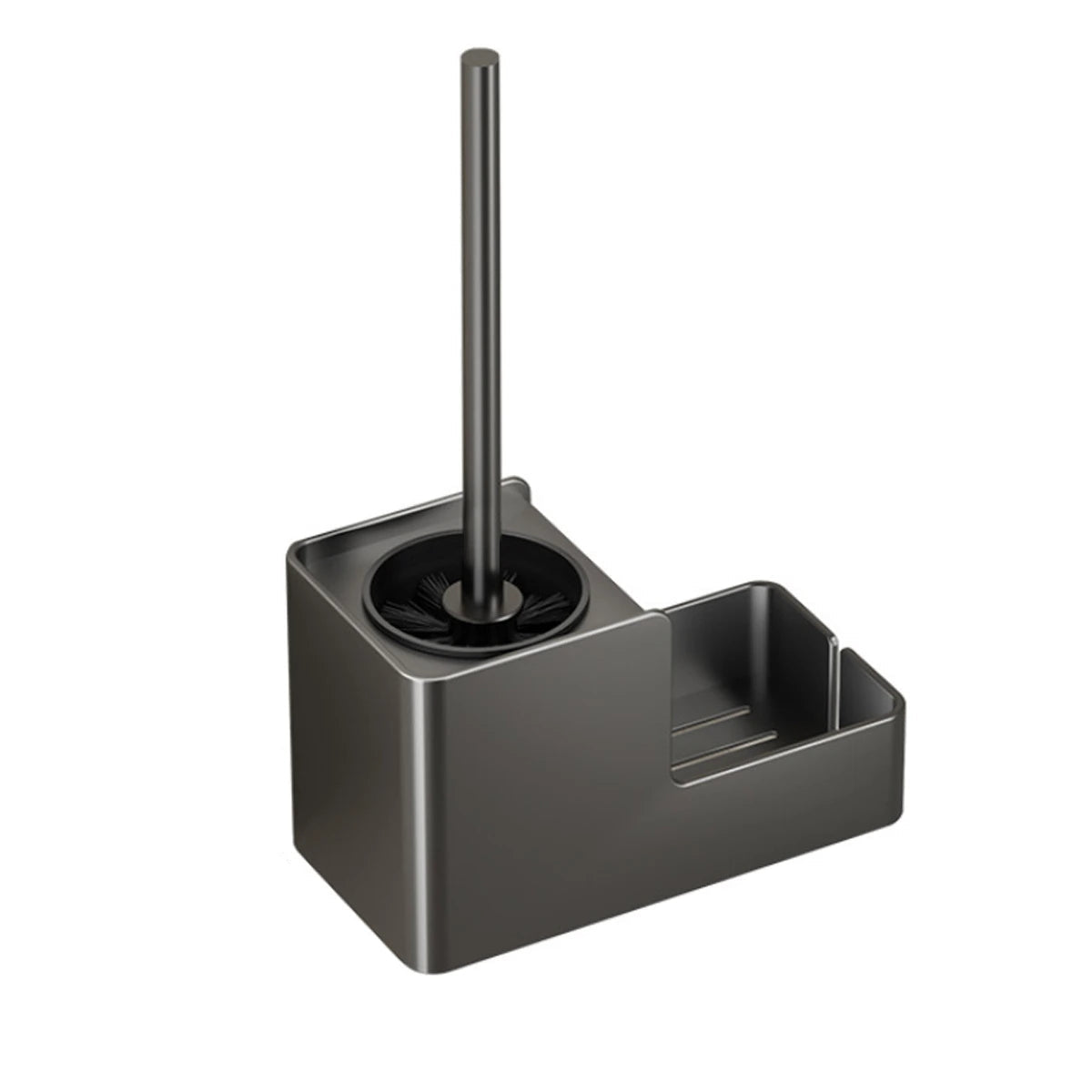 Freestanding aluminum toilet brush with built-in storage and sleek holder in white background