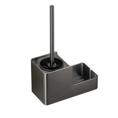 Freestanding aluminum toilet brush with built-in storage and sleek holder in white background