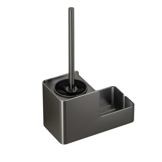 Freestanding aluminum toilet brush with built-in storage and sleek holder in white background