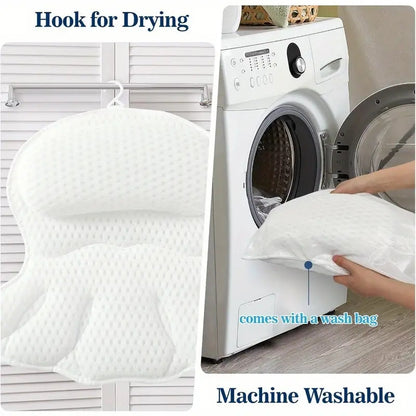 Bath pillow hanging by hook and being placed in a washing machine with mesh wash bag.
