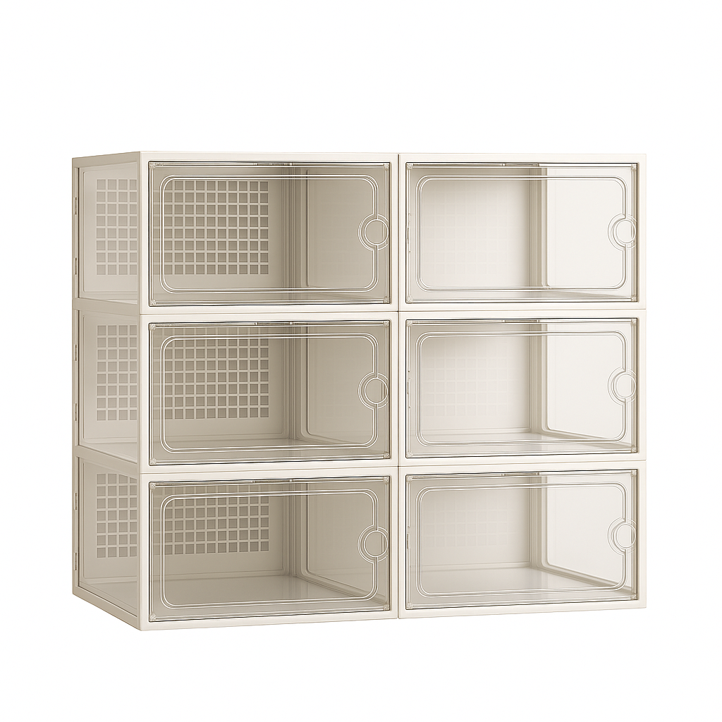 Set of six beige plastic transparent shoe boxes with clear front-opening doors for easy access and organized display