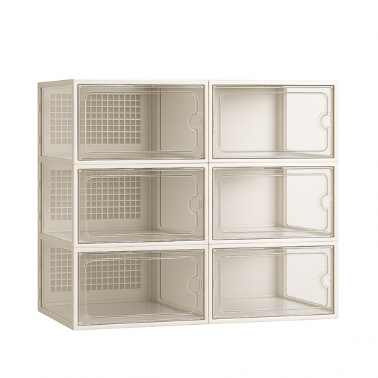 Set of six beige plastic transparent shoe boxes with clear front-opening doors for easy access and organized display