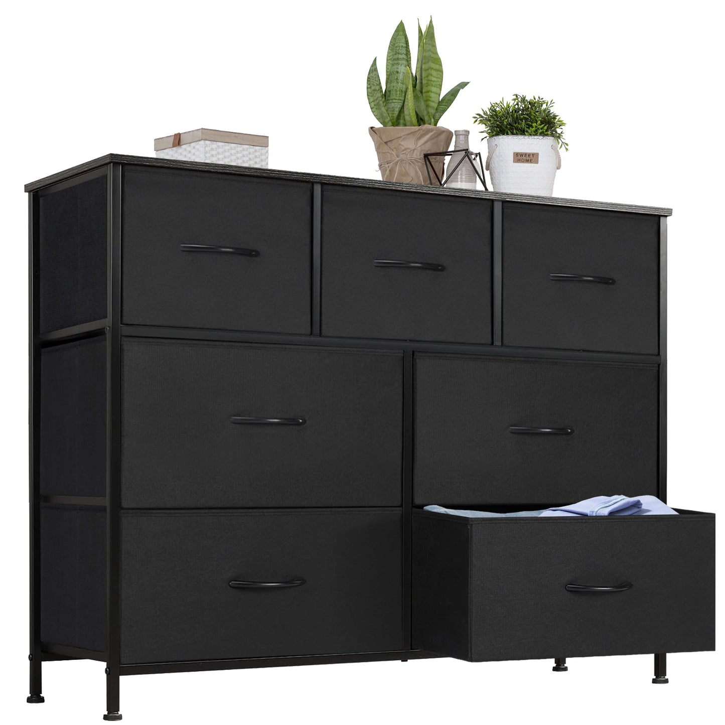 Black 7-drawer fabric dresser with open drawer, showcasing storage capacity and modern metal frame