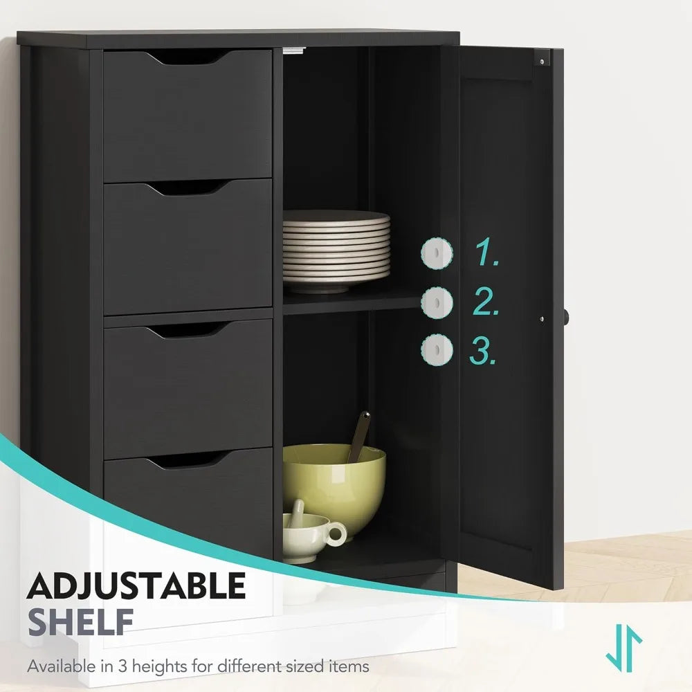 Black cabinet with plates and bowls displayed inside cabinet with adjustable shelf feature shown