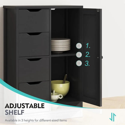 Black cabinet with plates and bowls displayed inside cabinet with adjustable shelf feature shown