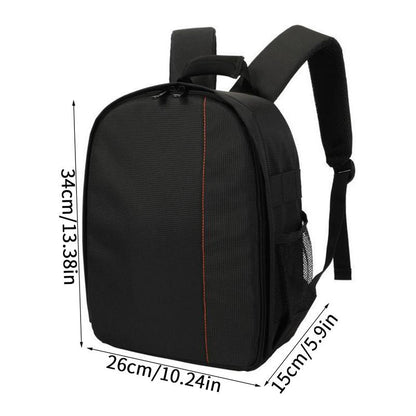 Front view of black DSLR camera backpack with size dimensions
