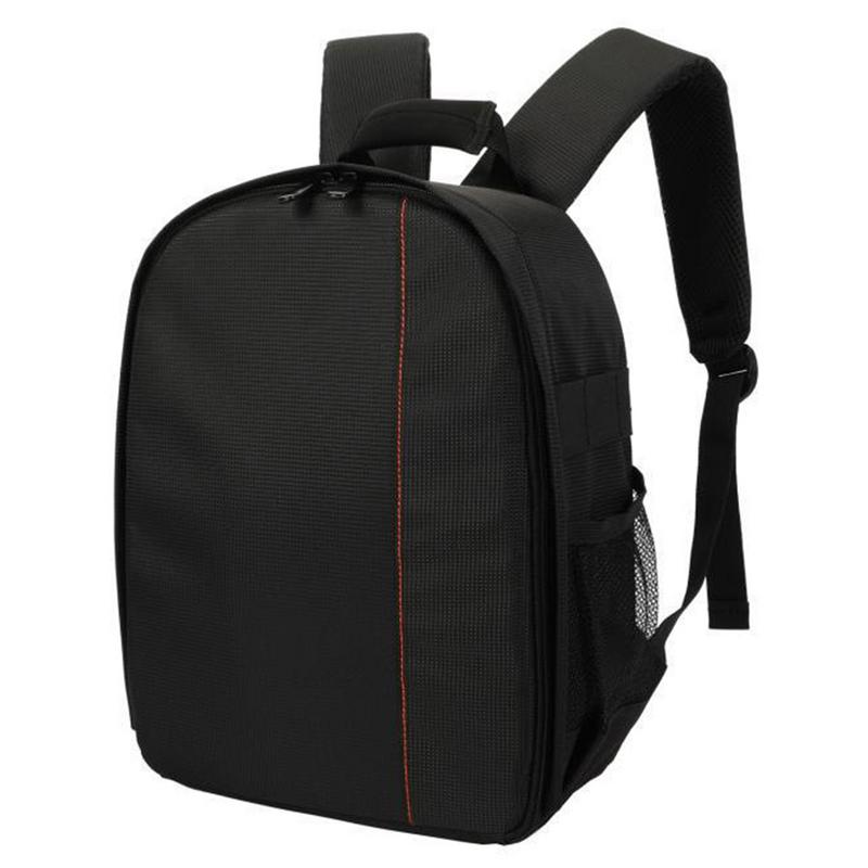 Front angled view of empty closed Black backpack with a orange line going down the front. 