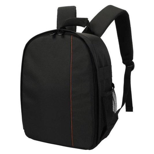 Front angled view of empty closed Black backpack with a orange line going down the front. 