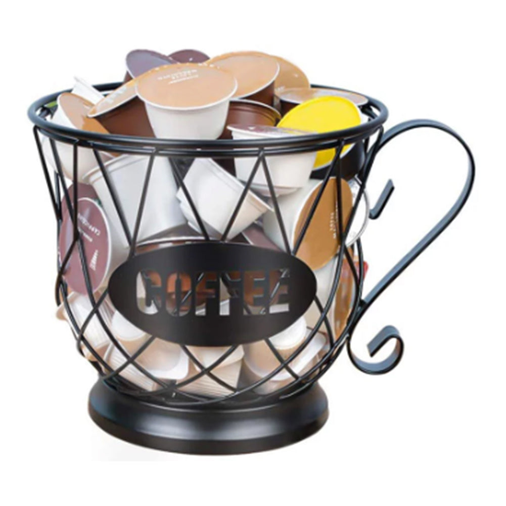 A fully loaded black coffee capsule storage basket holding assorted coffee pods in brown, white, and yellow, demonstrating the basket’s high capacity and practical use.