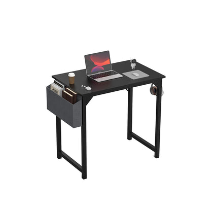 Black computer desk with laptop, books, and accessories, featuring side organizer and headphone hook