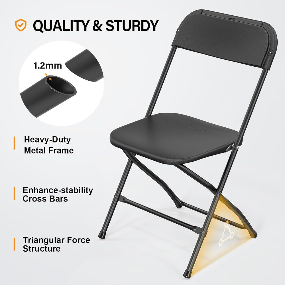 Close-up of black folding chair highlighting steel frame and triangular support
