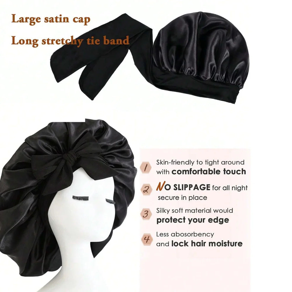 Black satin bonnet with bow and extended tie band and hair protection benefits list