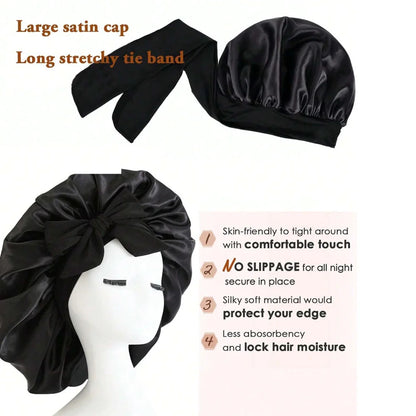 Black satin bonnet with bow and extended tie band and hair protection benefits list
