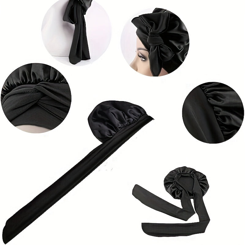 Collage of black satin bonnet close-ups showing fabric and bow details