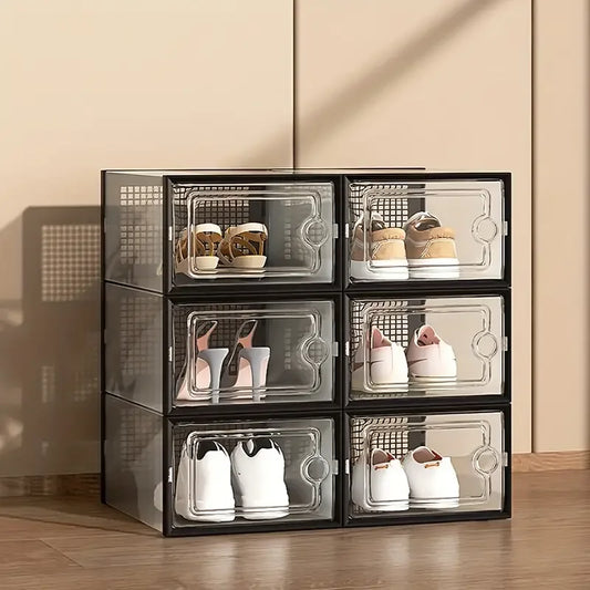 Black version of transparent stackable shoe boxes with front access, holding shoes in a neat grid layout.