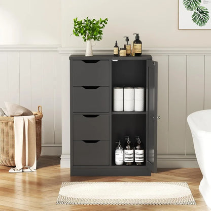 Black storage cabinet in bathroom setting with toiletries and toilet paper in open cabinet section