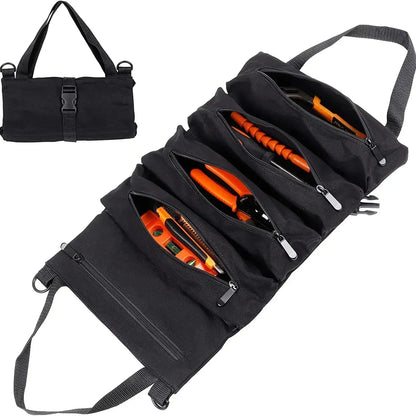 Black canvas tool roll bag displayed rolled and unrolled, filled with orange-handled tools organized in zippered compartments.
