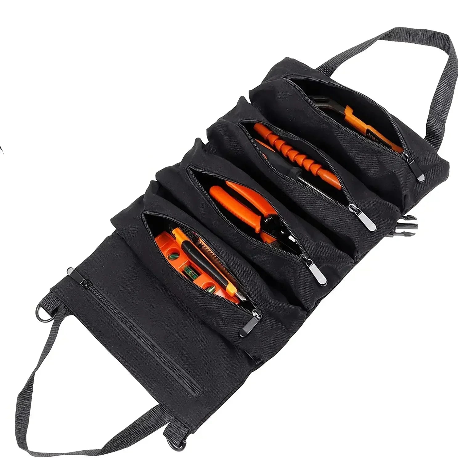 Close-up of black canvas tool roll bag unrolled to reveal five compartments filled with organized orange tools.