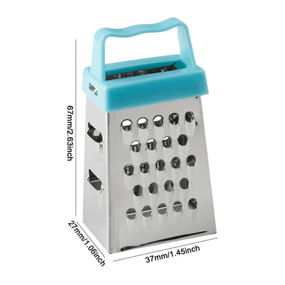 Mini stainless steel grater with blue handle displayed vertically with size annotations in both metric and imperial units
