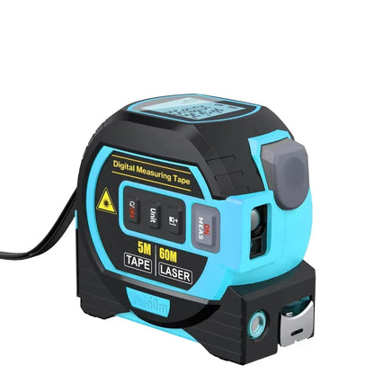 Blue 3-in-1 digital laser tape measure showing 60m range and LCD display