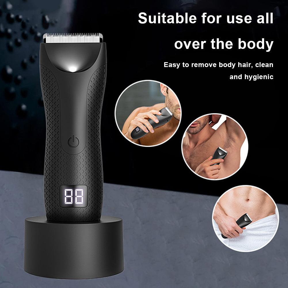 Black electric trimmer shown with insets demonstrating usage on chest, armpits, and abdomen—suitable for full-body grooming.