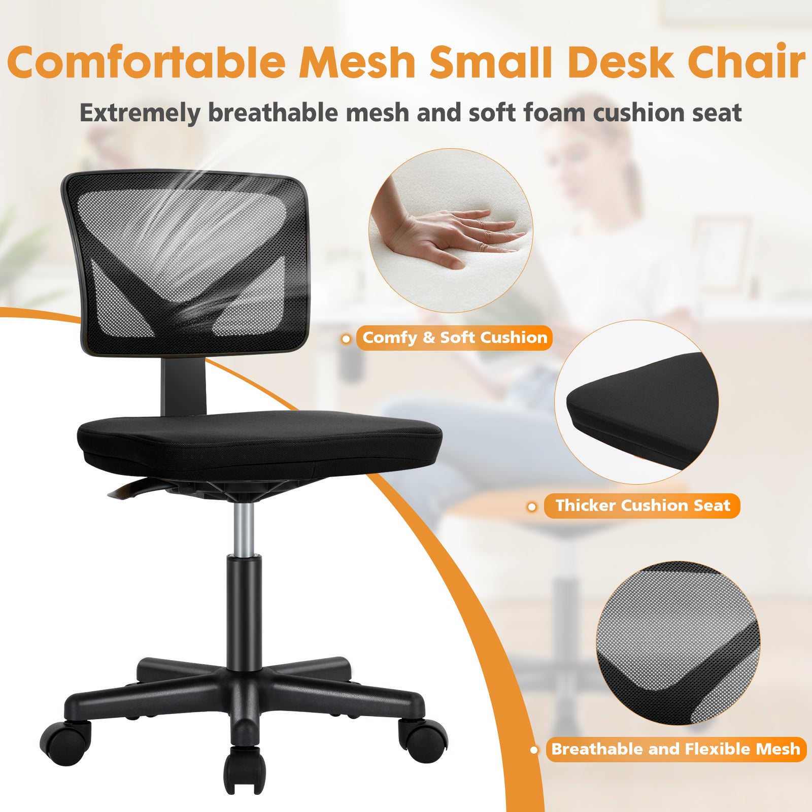 Front view of the chair emphasizing soft cushion, breathable mesh, and ergonomic backrest
