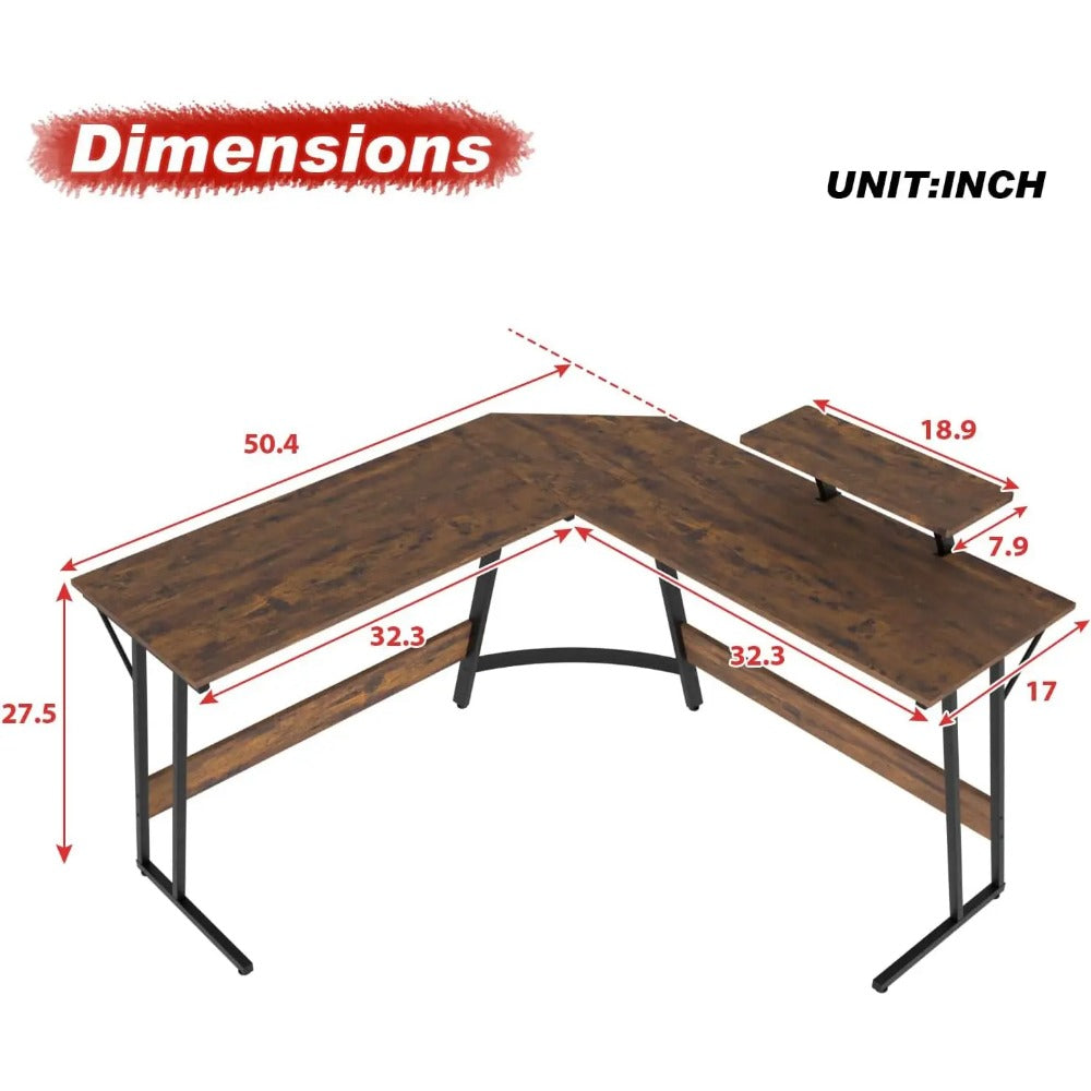Dimensions of brown L-shaped gaming desk shown in inches from top view.