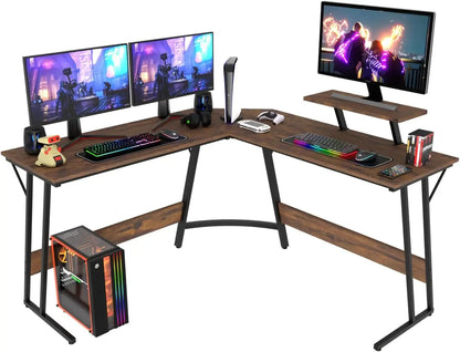 Rustic brown wood L-shaped gaming desk with dual monitors and gaming gear.