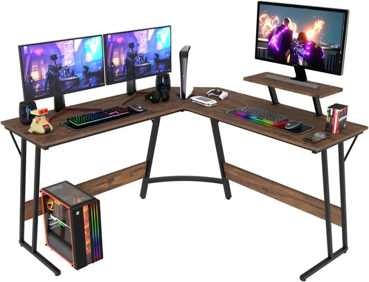 Rustic brown wood L-shaped gaming desk with dual monitors and gaming gear.