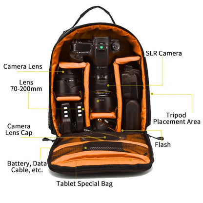 Interior of camera backpack with labeled gear compartments