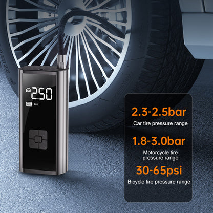 Electric tire inflator showing car tire pressure range next to car wheel