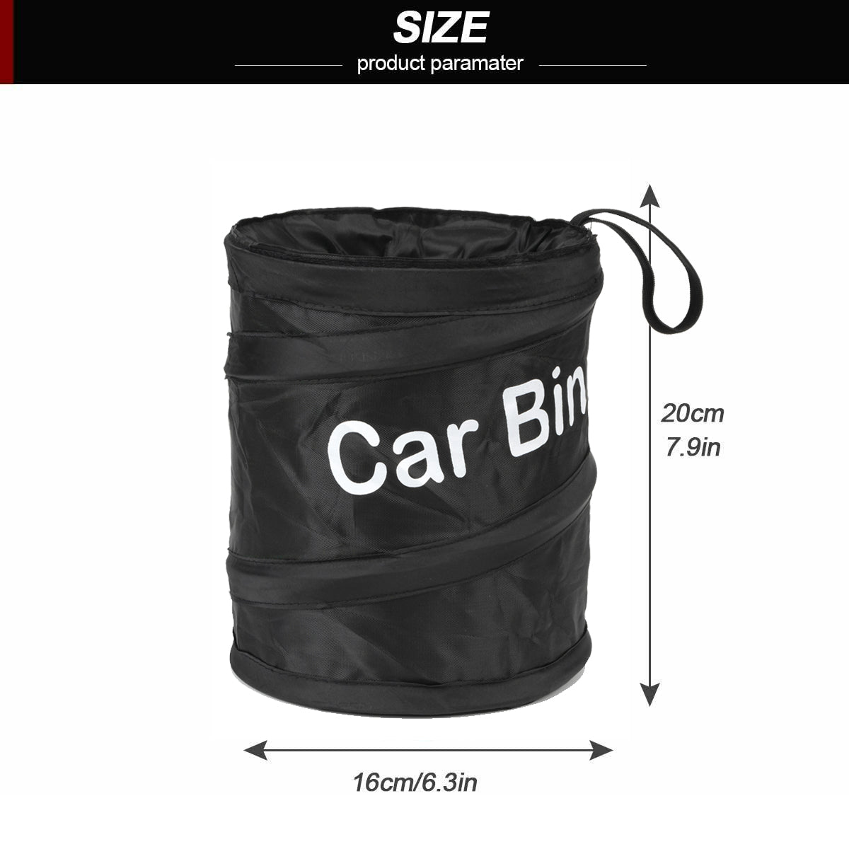 Size diagram showing the dimensions of the car trash bin: 20 cm (7.9 in) height and 16 cm (6.3 in) diameter, with visual measurements marked.