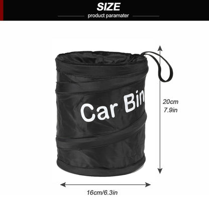 Size diagram showing the dimensions of the car trash bin: 20 cm (7.9 in) height and 16 cm (6.3 in) diameter, with visual measurements marked.