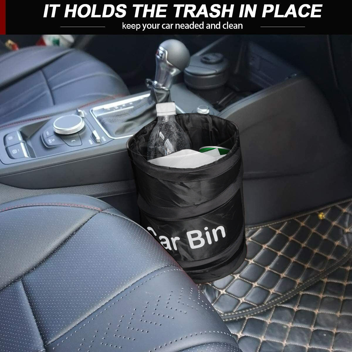 Pop-up car trash can placed on the vehicle floor filled with a bottle and tissues; inset image shows the underside with Velcro strap for secure placement.