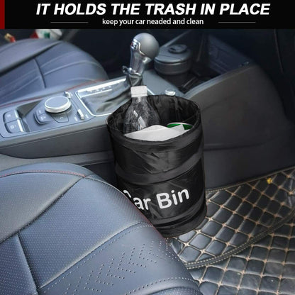 Pop-up car trash can placed on the vehicle floor filled with a bottle and tissues; inset image shows the underside with Velcro strap for secure placement.