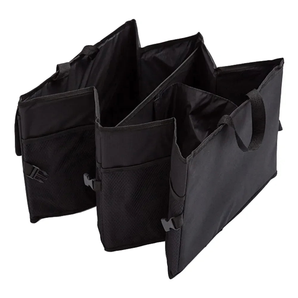 Foldable car storage box partially expanded showing three compartments