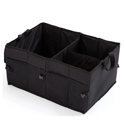 Black car trunk organizer with three compartments and side mesh pockets, shown empty on white background