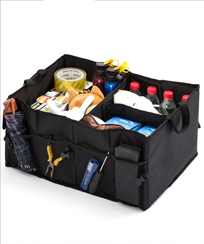  Black foldable car trunk organizer filled with bottles, snacks, and accessories on white background