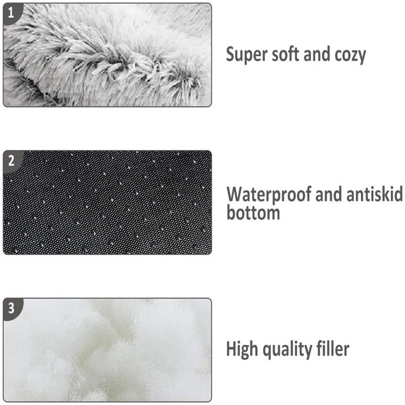 Close-up image showing the features of the cat bed: super soft faux fur, a waterproof anti-skid bottom, and high-quality inner filler.