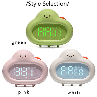 A product display image showing three variants of the Creative White Cloud Timer in green, pink, and white colors. Each timer features a smiling face on top and an LED digital countdown display. The text “Style Selection” is shown at the top, and color labels are placed under each unit.