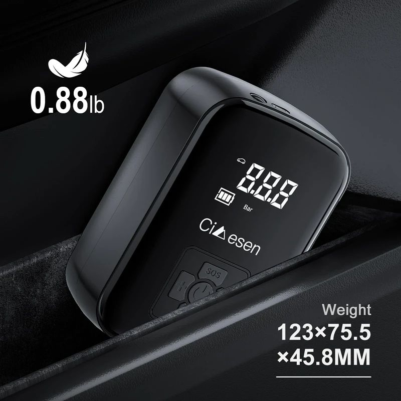 Compact and lightweight tire inflator showing size dimensions and 0.88 lb weight for portability.