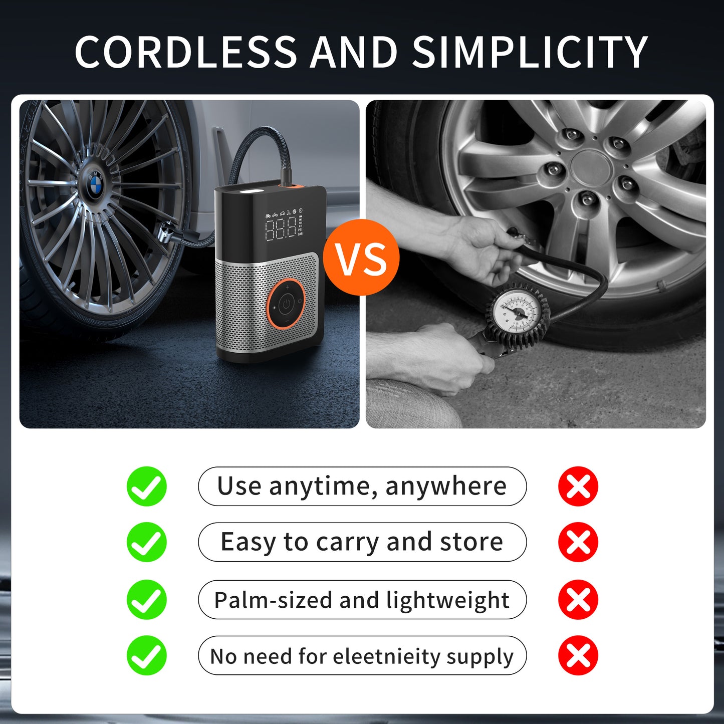 Comparison chart showing cordless tire inflator vs traditional inflator