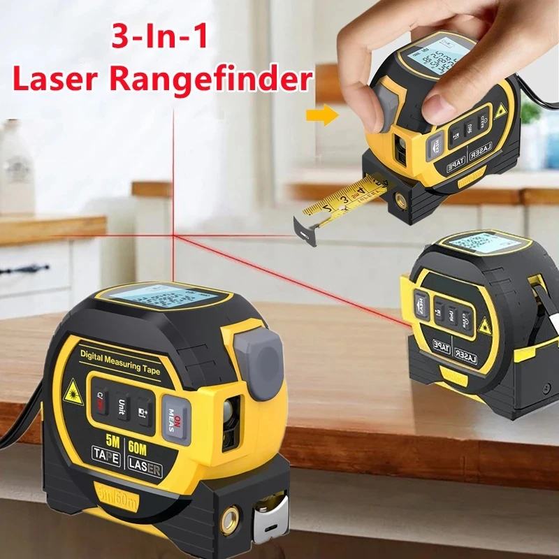 3-in-1 digital laser rangefinder demonstrating cross laser projection indoors