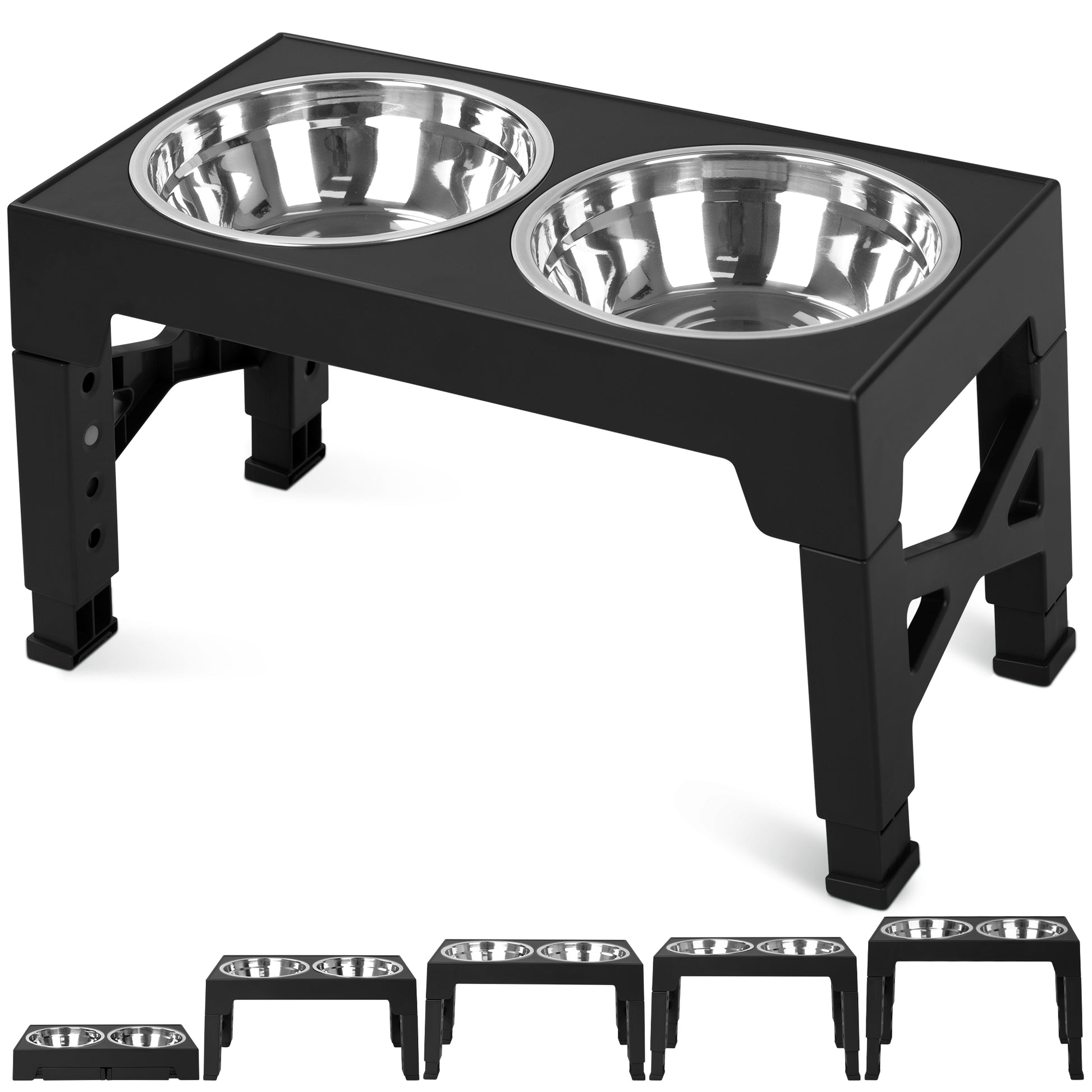 Elevated dog feeder with two bowls displayed at five different height settings, from low to tall, showing full adjustability of the stand.
