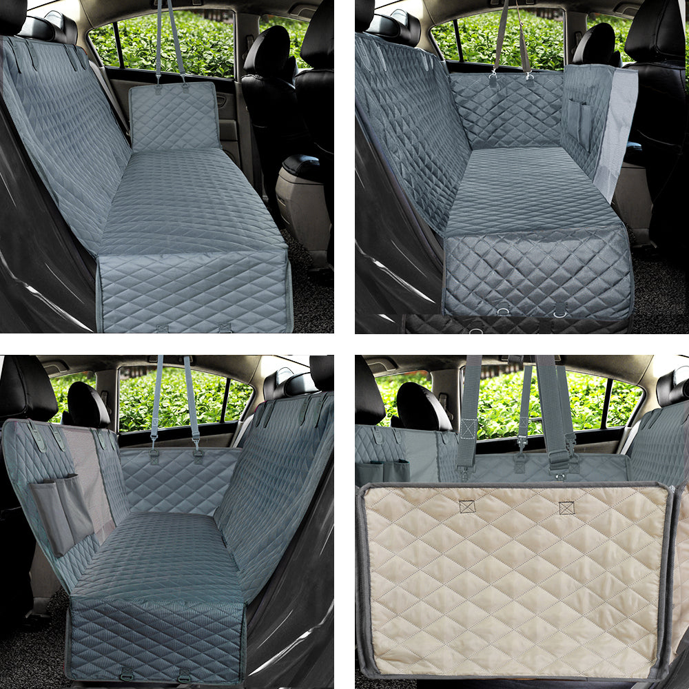 Quilted waterproof dog car seat cover in various configurations inside a car.