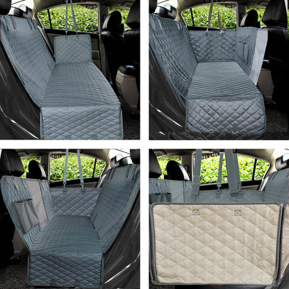 Quilted waterproof dog car seat cover in various configurations inside a car.