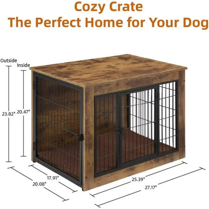 Measurement diagram of a small-to-medium wooden dog crate with outer dimensions labeled: 27.17" L x 20.08" W x 23.82" H. Also shows interior space, dual-door access, and black steel frame construction, helping shoppers evaluate fit for their dog’s size.