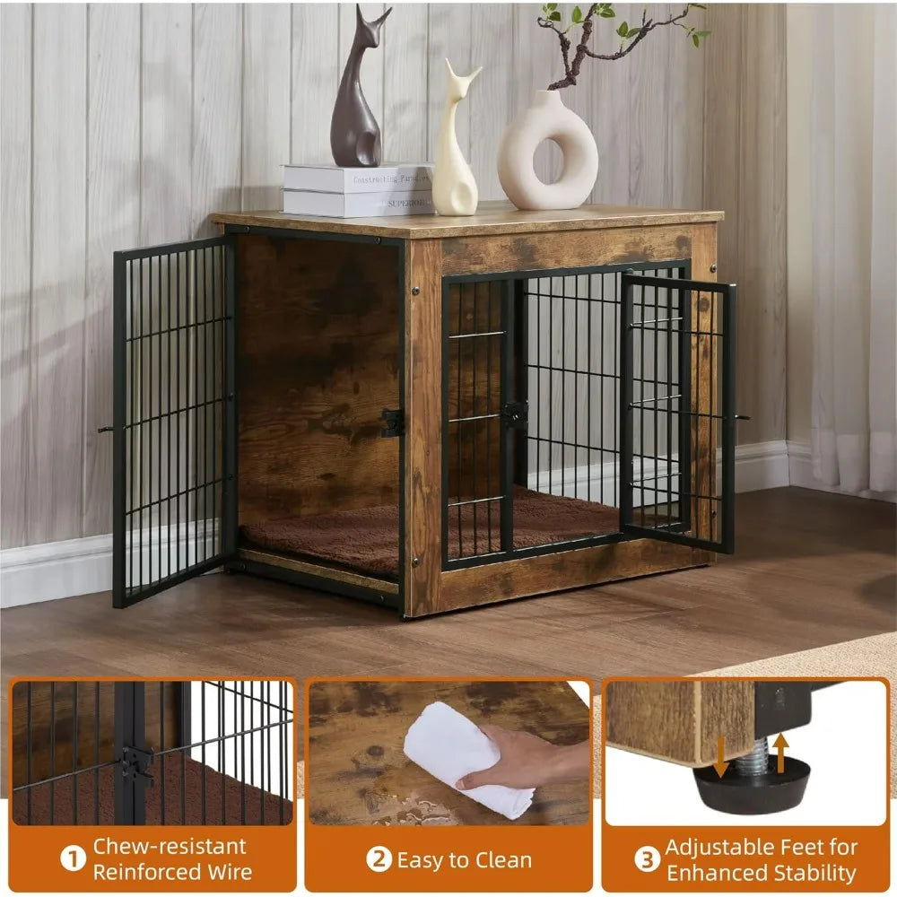 Feature-focused image of the dog crate showing close-ups of chew-resistant black steel bars, a wooden top being cleaned with a white cloth for easy maintenance, and adjustable foot pads to improve balance and floor grip on uneven surfaces.