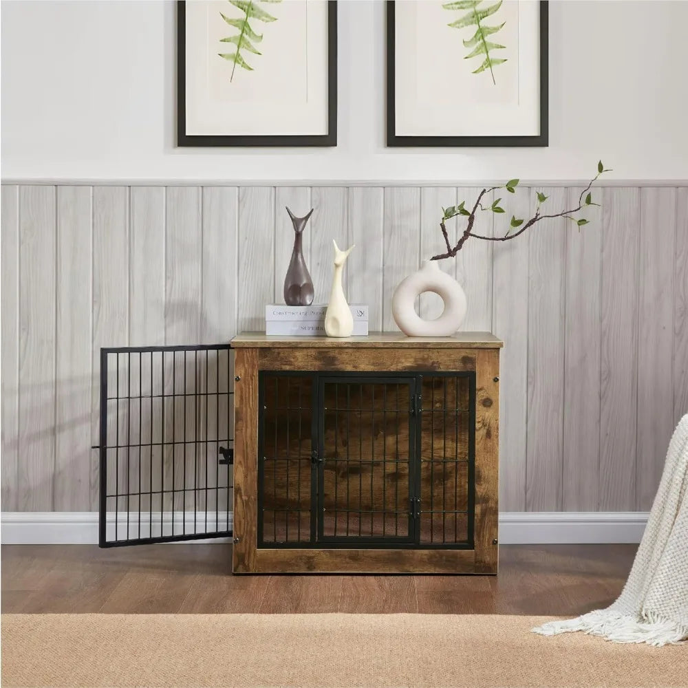 Front-facing dog crate with left side door fully open, revealing interior mat and spacious layout for pets. Positioned under framed artwork and next to a cozy knit throw, the crate blends seamlessly with home decor while providing functional pet housing.