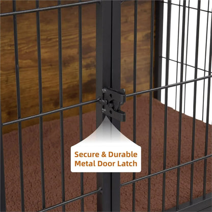 Close-up of a secure, chew-resistant black metal door latch on a steel-framed dog crate with visible fleece mat inside and wood grain walls.